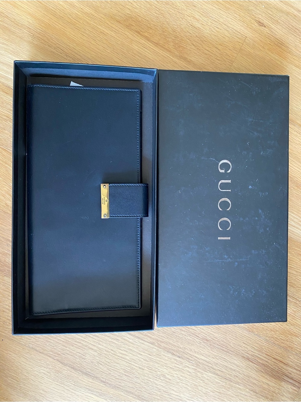 Gucci Black Leather Wallet with Gold-Tone Plate